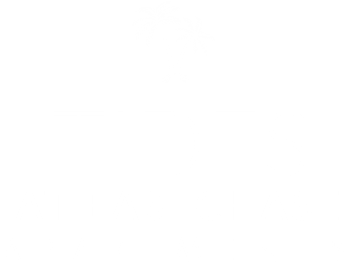 A black and white image of a sign for Tides at Eastchase Apartments.